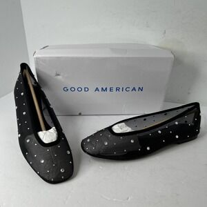Good American Diamond Mesh Ballet Black Flats Size 10 Crystal Accent New